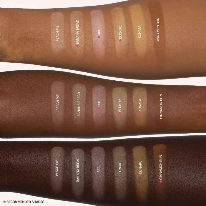 Nude makeup swatches on a brown background with names of shades.