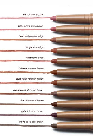 Row of lip pencils of the brand Rhode with color names on a white background 