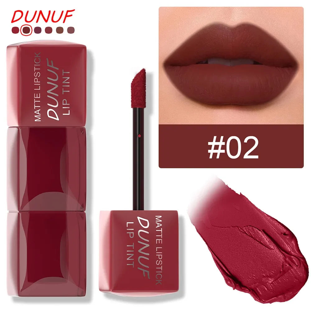 DUNUF matte lipstick with packaging, applicator, and close-up of lips wearing the shade #02.