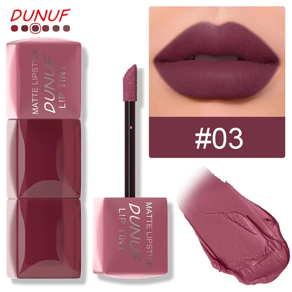 DUNUF matte lipstick with packaging, applicator, and swatch on a white background