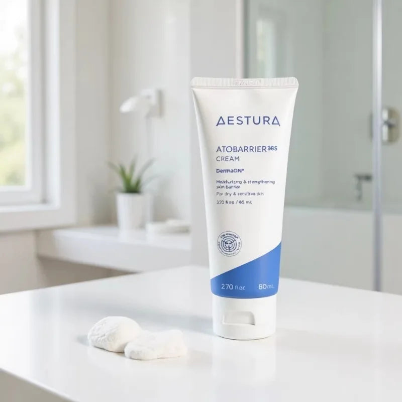A tube of Aestura AtobARRIER M5 Cream stands on a white bathroom counter with two cotton pads in front. The background shows a softly blurred bathroom interior with a mirror, sink, and window light.