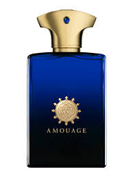 Amouage Eau de Parfum bottle in deep blue glass with a gold cap and gold logo on the front, set against a plain white background.