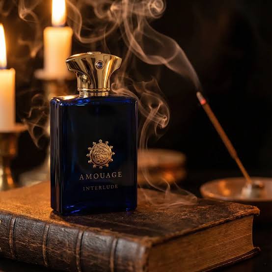 Amouage Interlude perfume bottle in deep blue glass with a gold cap, displayed on a vintage book with burning candles and incense in the background.