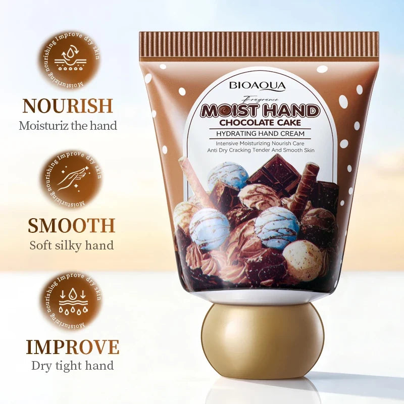 Hand cream packaging with chocolate cake design on a light background