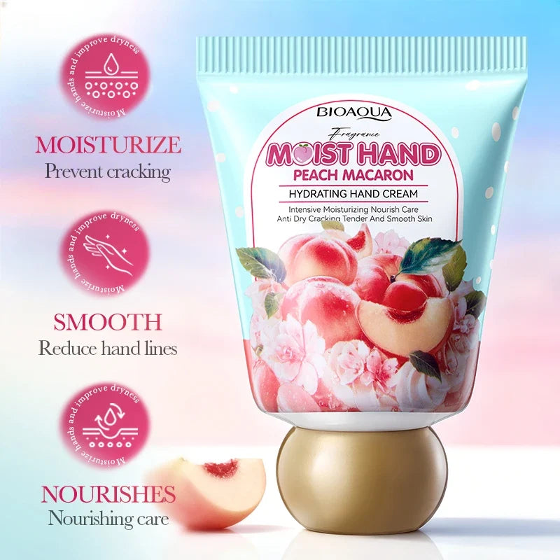 Hand cream packaging with peach illustration on a white background