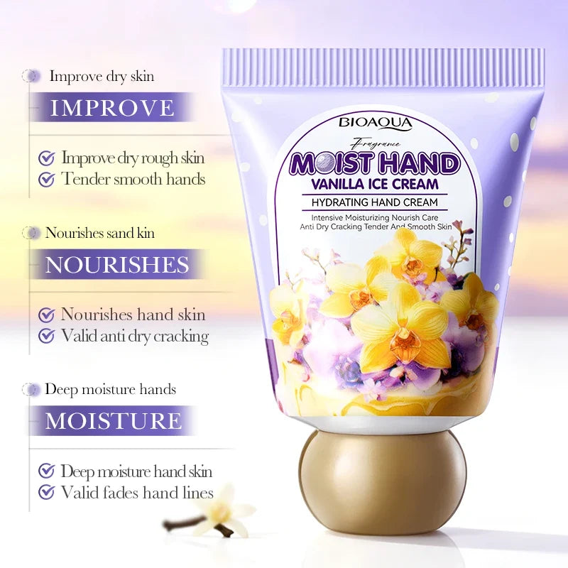 BIOAQUA Fragrance Vanilla Ice Cream Hydrating Hand Cream in a lavender tube with a gold cap, shown with promotional text callouts on a soft pastel background.