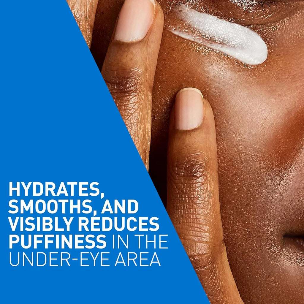 Hand applying cream to under eye with text about cerave eye repair cream benefits