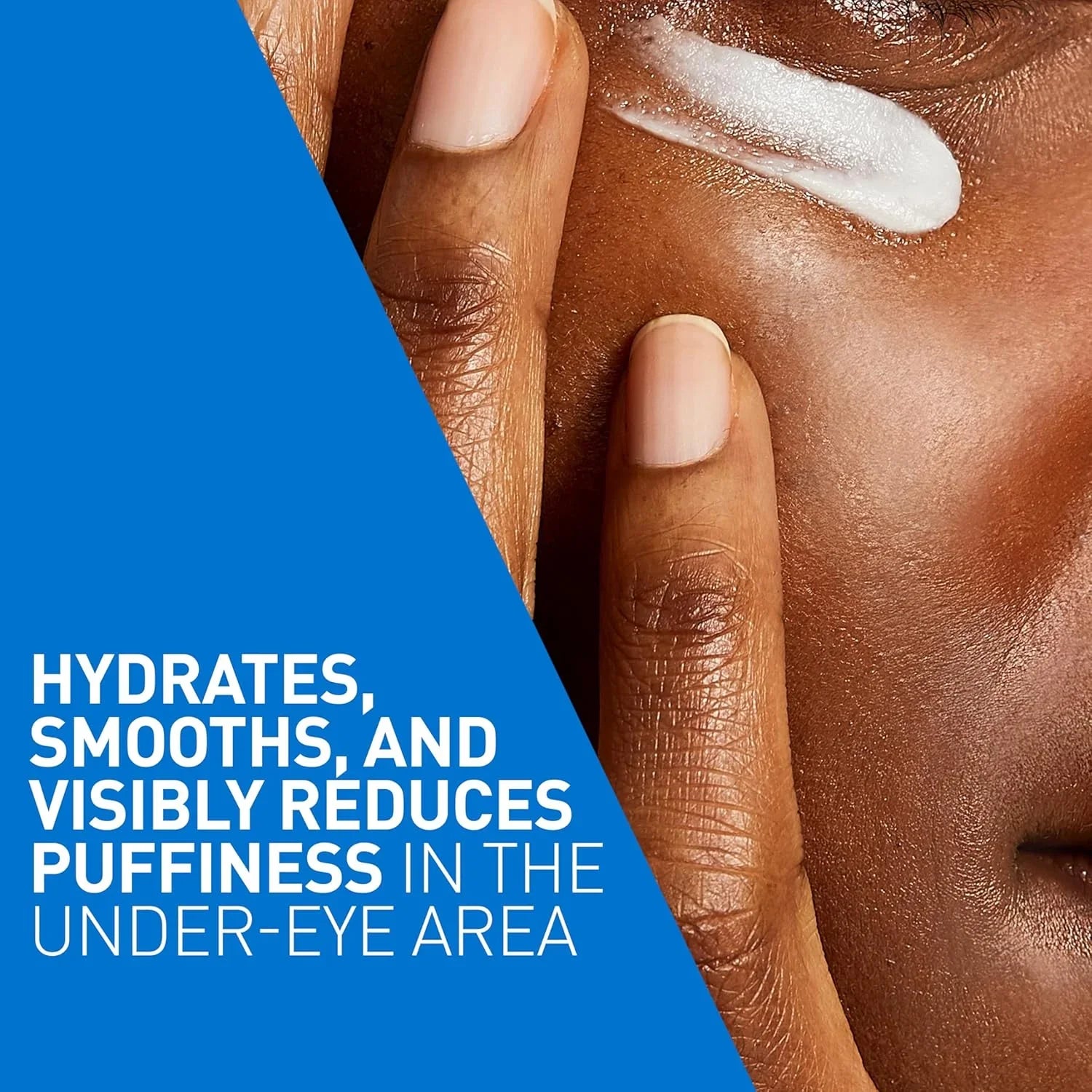 Hand applying cream to under eye with text about cerave eye repair cream benefits