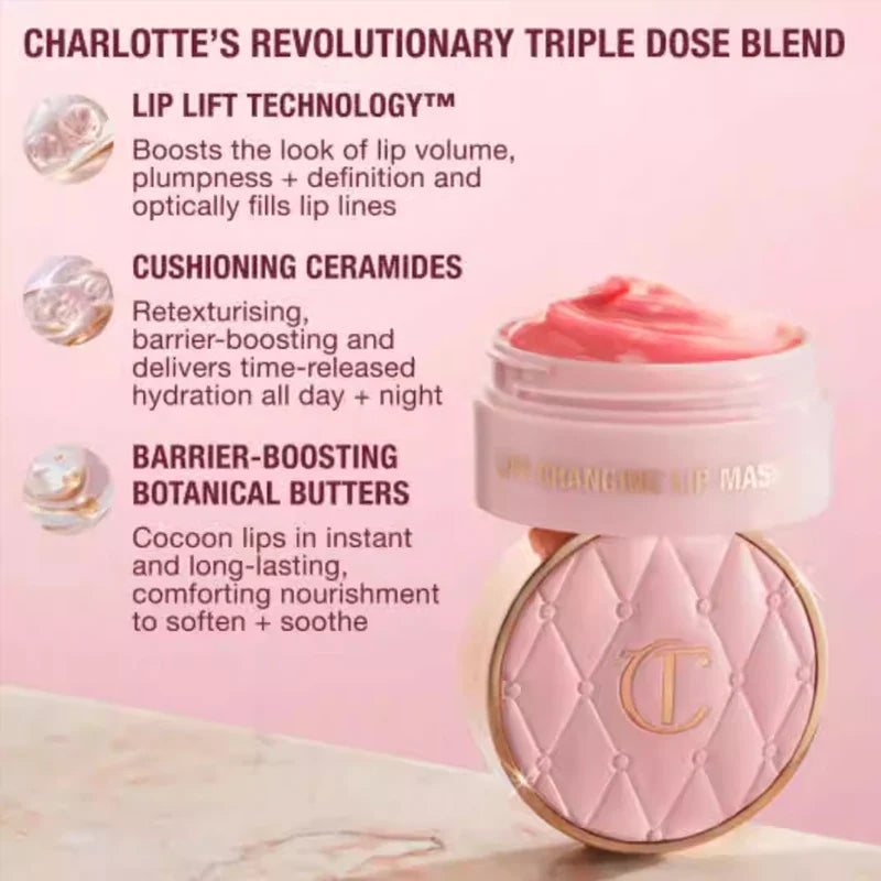 Pink lip balm container with text detailing product features on a pink background