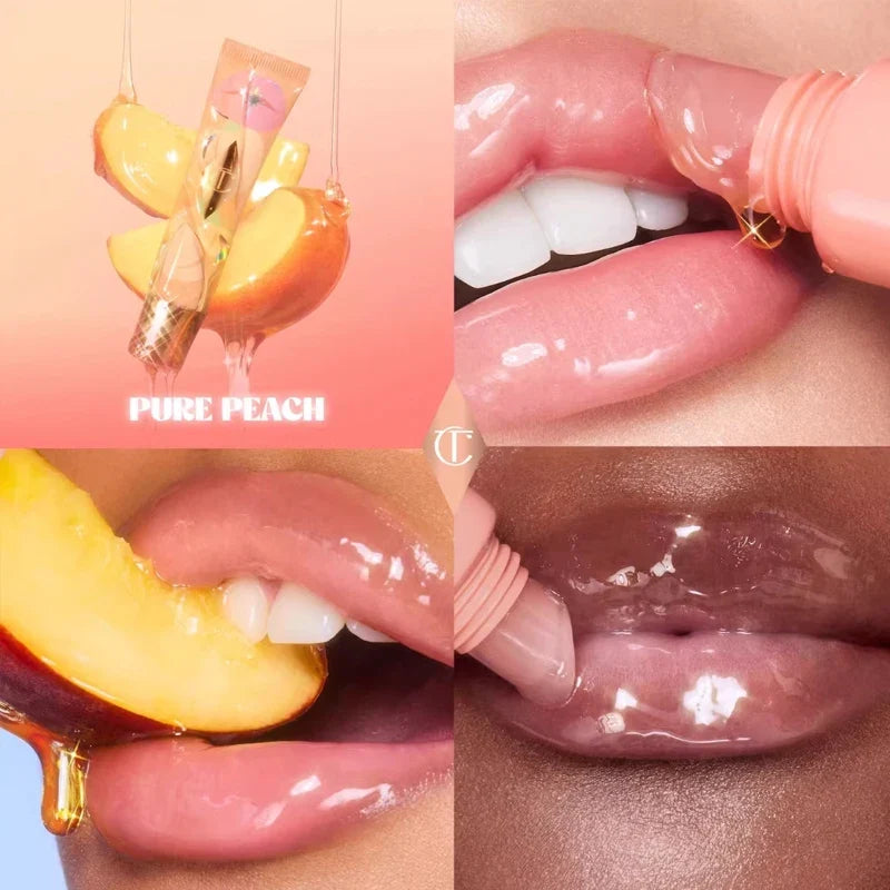 Collage of a lip balm with peach flavor packaging, applied to lips.