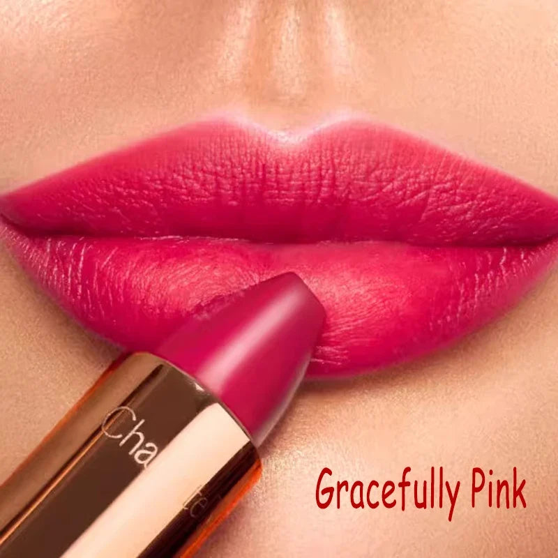 Lipstick with 'Gracefully Pink' shade applied to lips on a matching background