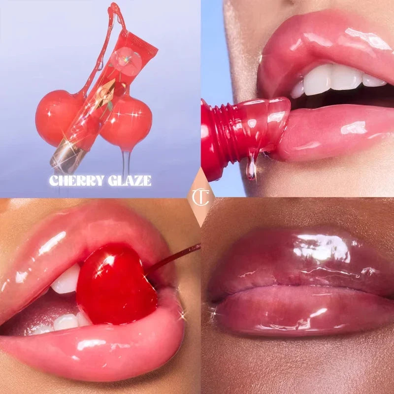 Lip gloss with cherry applicator labeled 'Cherry Glaze' applied to lips.