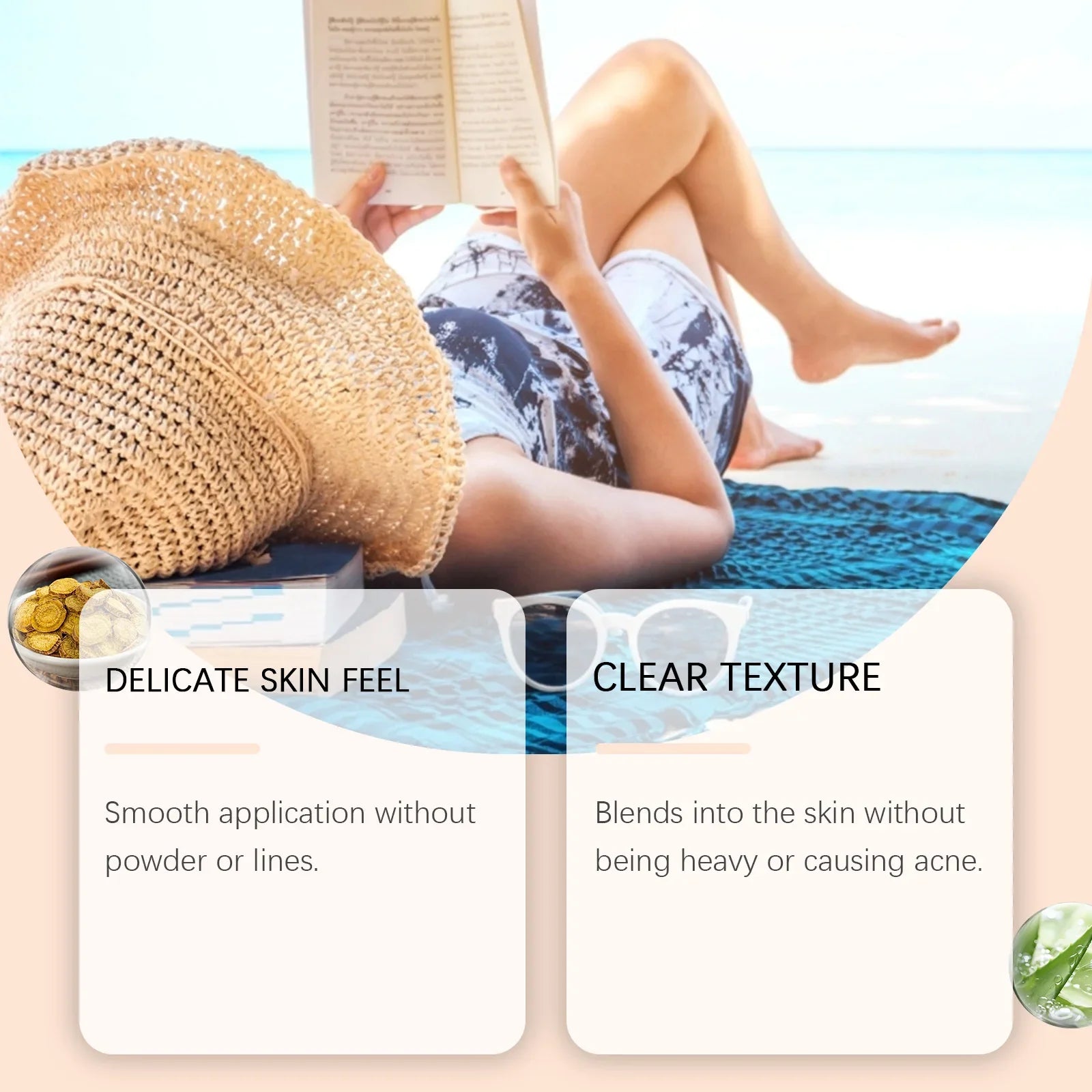 Person reading a book by a pool with text about skincare product features.