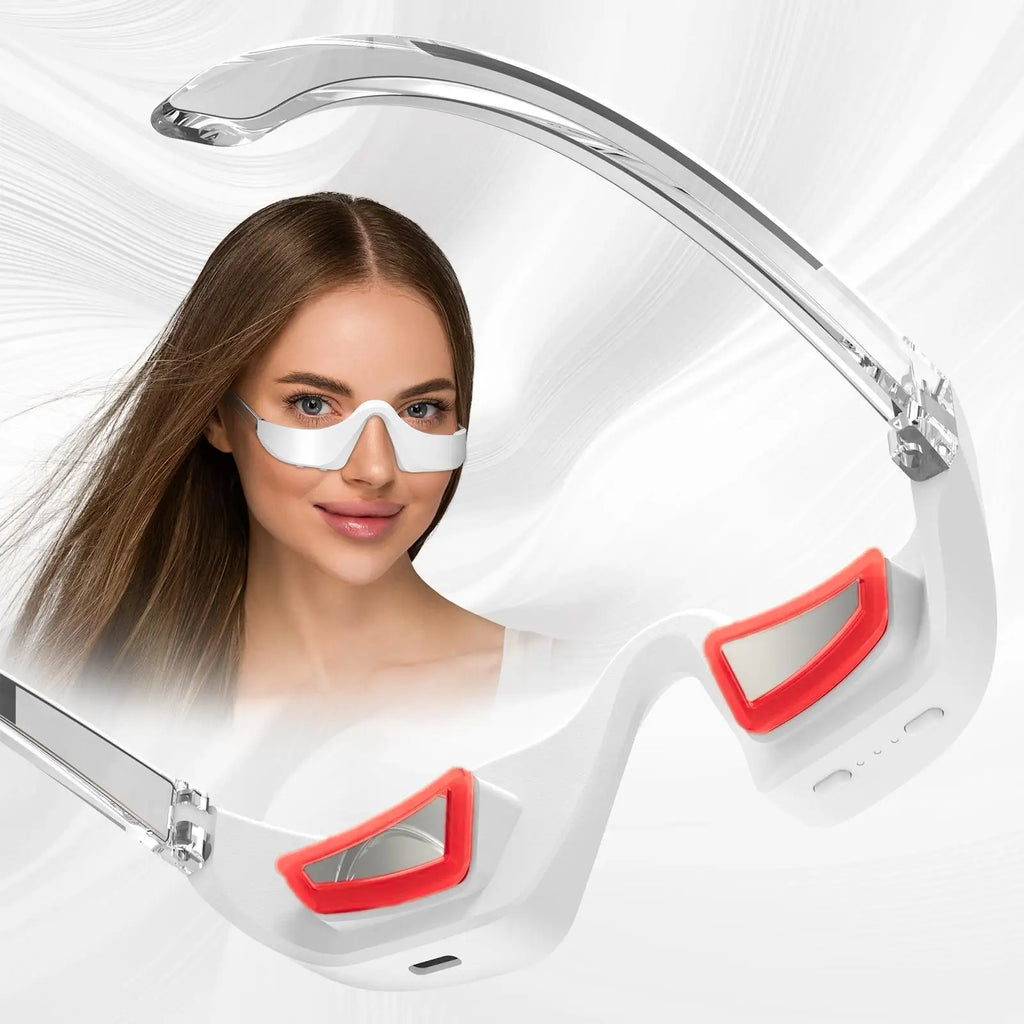 Woman wearing a futuristic helmet with red accents on a white background