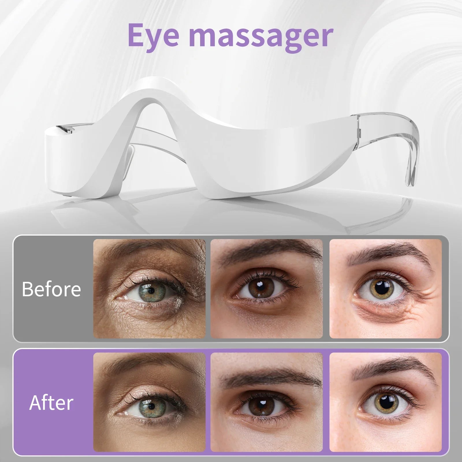Eye massager with before and after effects on eyes on a gray background