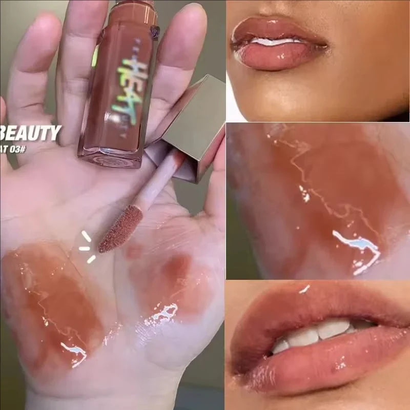 Collage of a lip gloss being applied and its color on lips.
