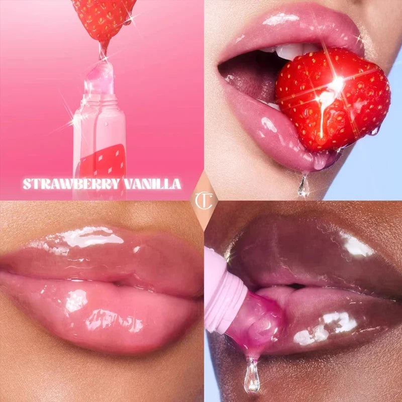 Collage of a strawberry being applied to lips with 'Strawberry Vanilla' text.