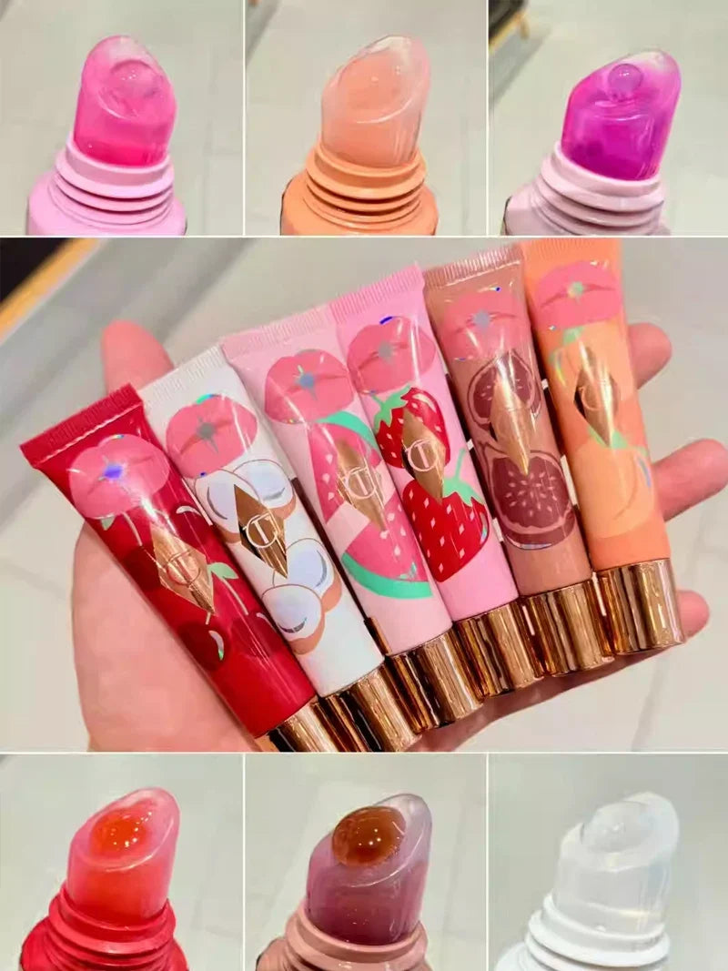 Collage of colorful lip gloss tubes with cartoon designs held by a hand.
