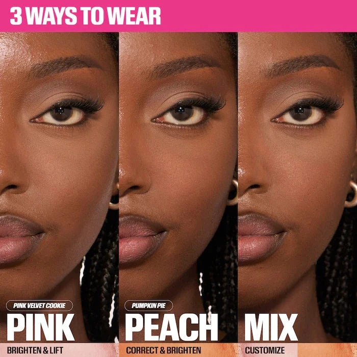 Three close-up views of a woman's face with different makeup shades labeled 'Pink Velvet Cookie', 'Pumpkin Pie', and 'Peach Mix'.
