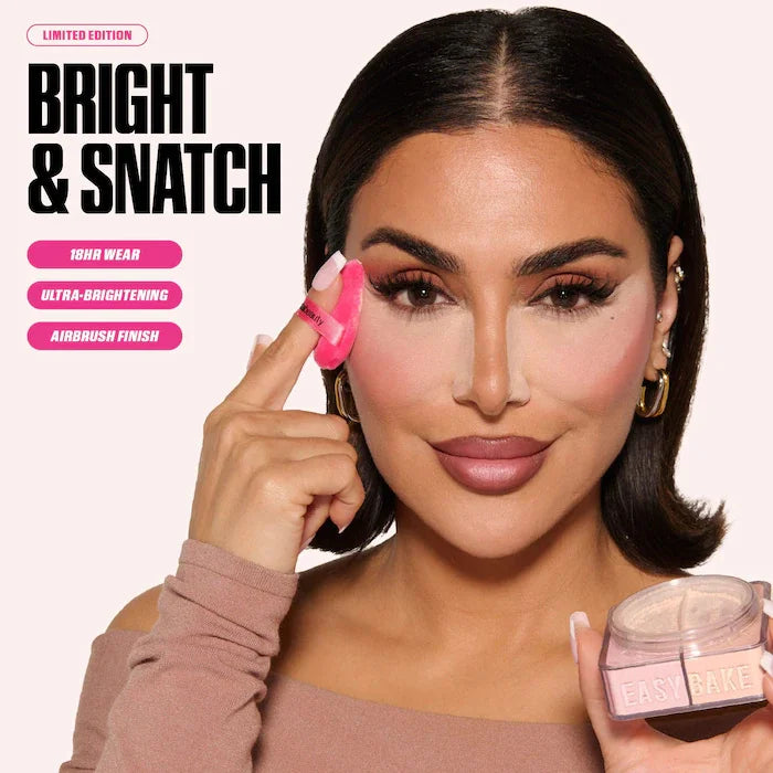Woman applying makeup with a pink sponge and holding a jar, featuring 'Bright & Snatch' text.