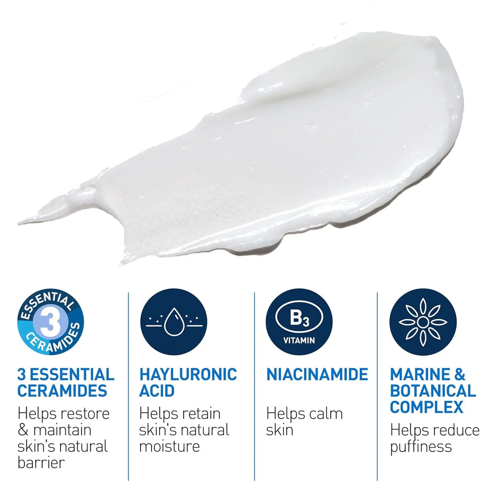 White cream with text and icons detailing its ingredients and benefits on a white background