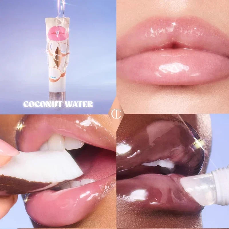 Lip balm with coconut water flavor shown on a blue background, applied to lips.