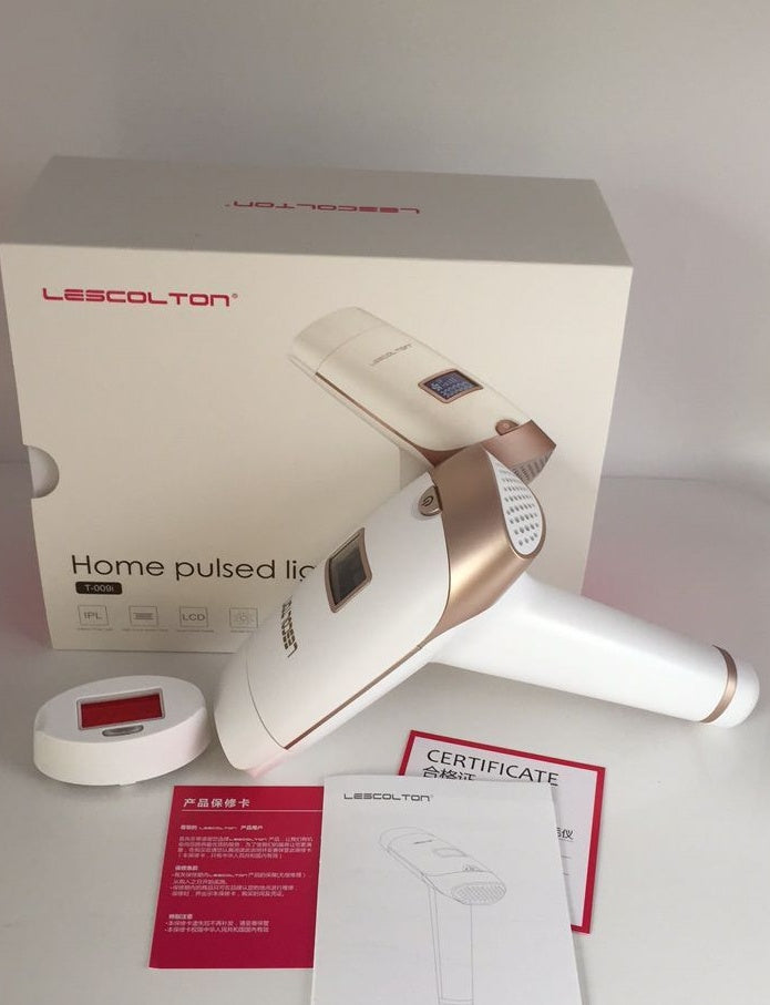 Close-up of professional IPL hair removal device with ergonomic design for full-body use