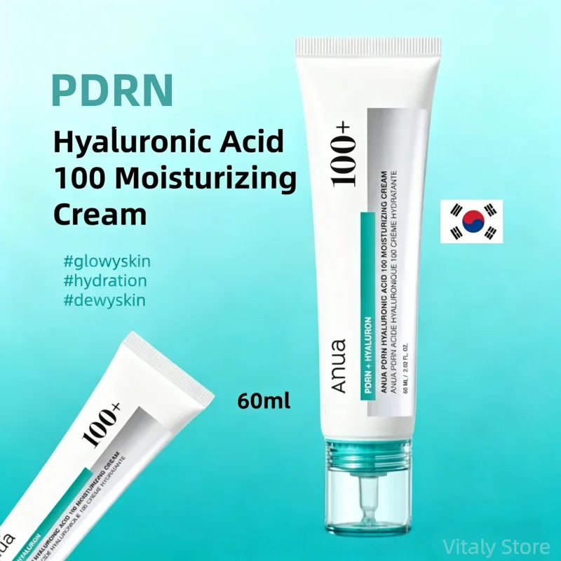 PDRN Hyaluronic Acid 100 Moisturizing Cream tube on a blue background