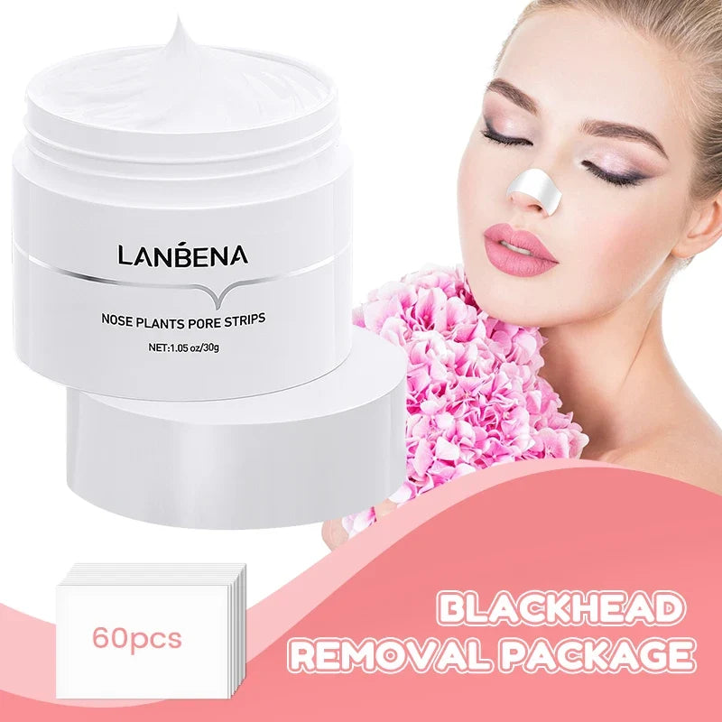 LANBENA blackhead removal product with a woman applying strips and flowers on a pink background