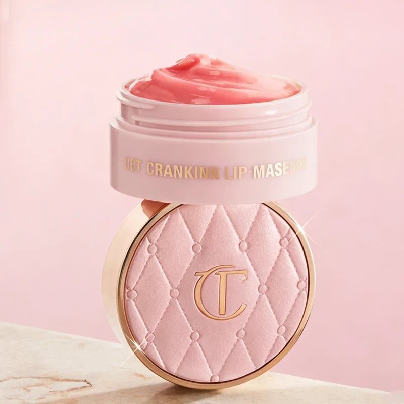 Pink lip mask with a brand logo on a light pink background