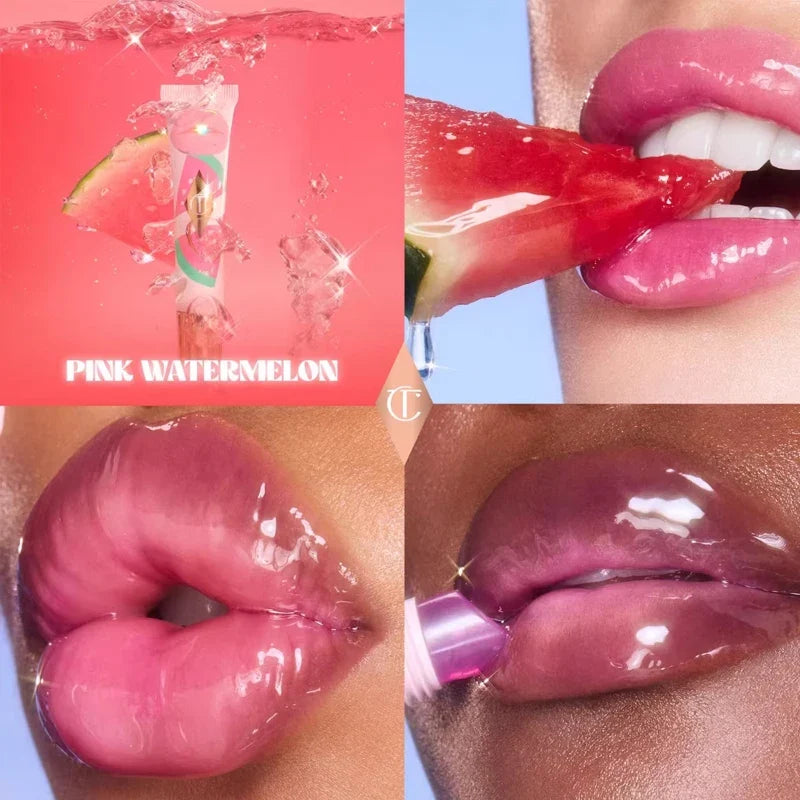 Collage of pink watermelon-themed products including a watermelon slice, lipstick, and lip gloss.