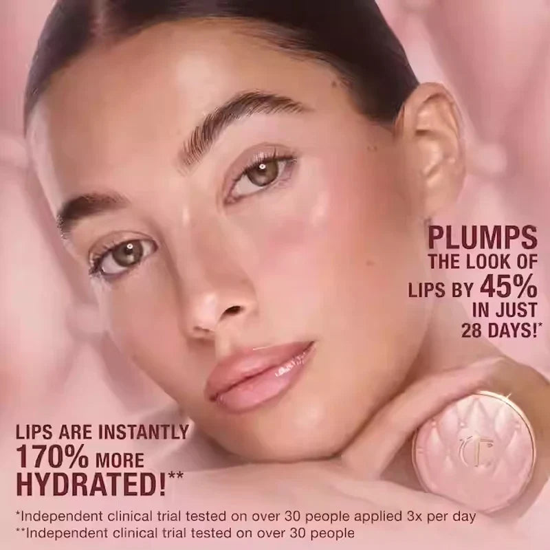 Cosmetic product with text claiming to plump lips by 45% and hydrate them 170% more.