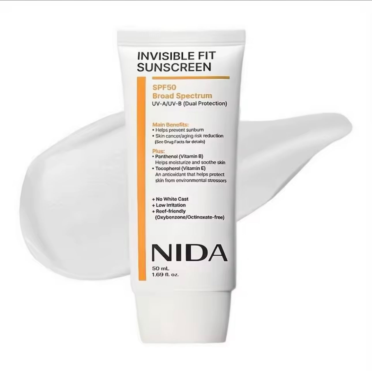 NIDA Invisible Fit Sunscreen tube on a white background