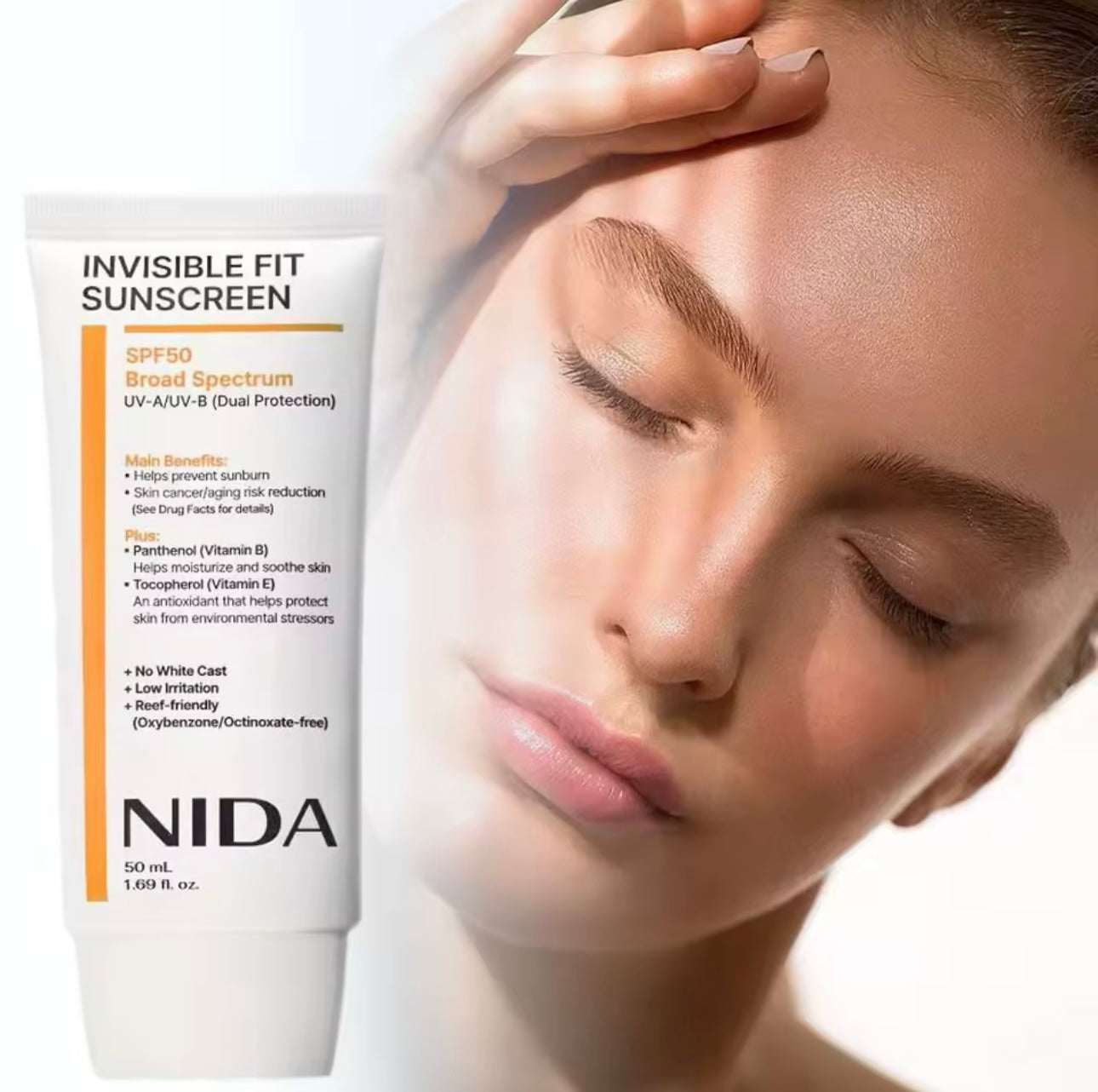 NIDA Invisible Fit Sunscreen tube with a close-up of a woman's face applying sunscreen.