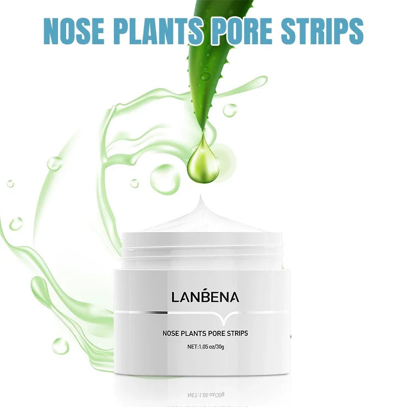 LANBENA nose plants pore strips packaging with aloe vera leaf and green liquid on a white background