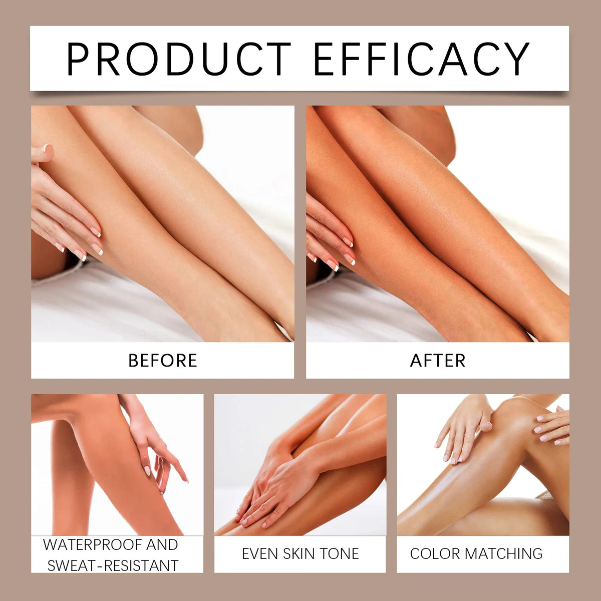 Product efficacy comparison of legs before and after use on a beige background