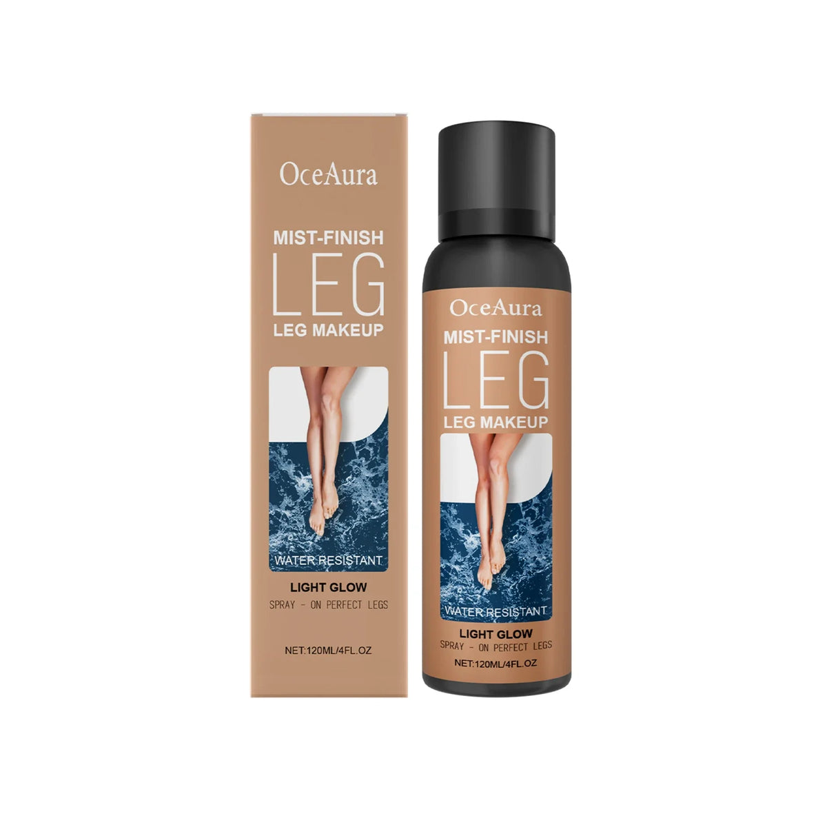 OceAura Mist-Finish Leg Makeup bottle and packaging on a white background