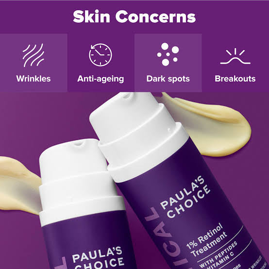 Two bottles of Paula's Choice skincare treatment on a purple background with icons and text about skin concerns.