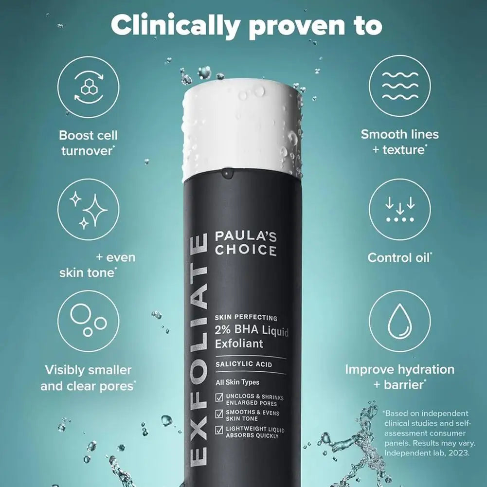 Paula's Choice Exfoliate skin perfecting 2% BHA Liquid Exfoliant bottle with benefits listed on a teal background