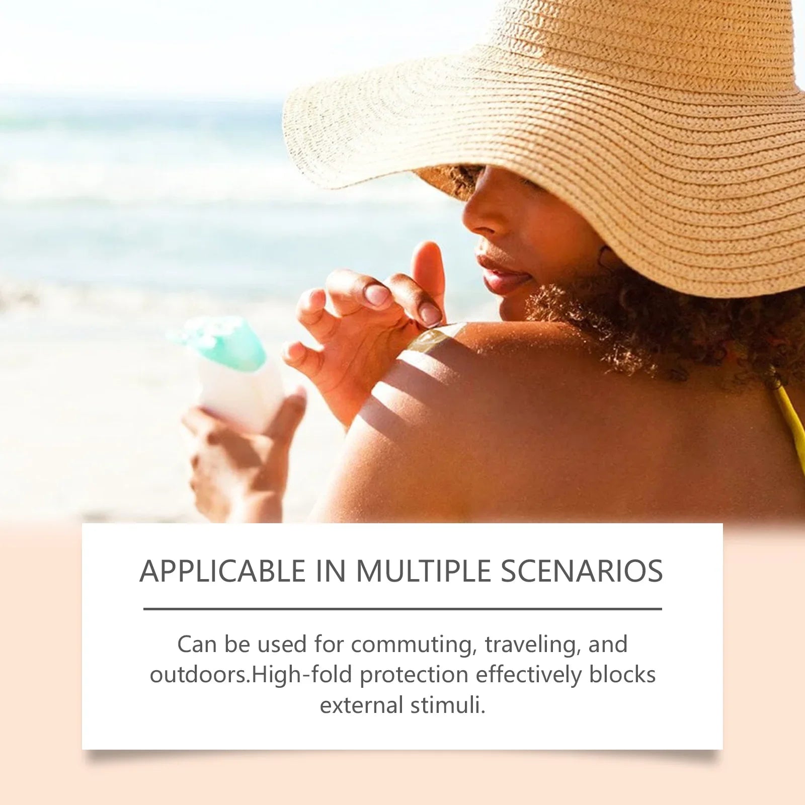 Person wearing a wide-brimmed hat on a beach with text overlay.