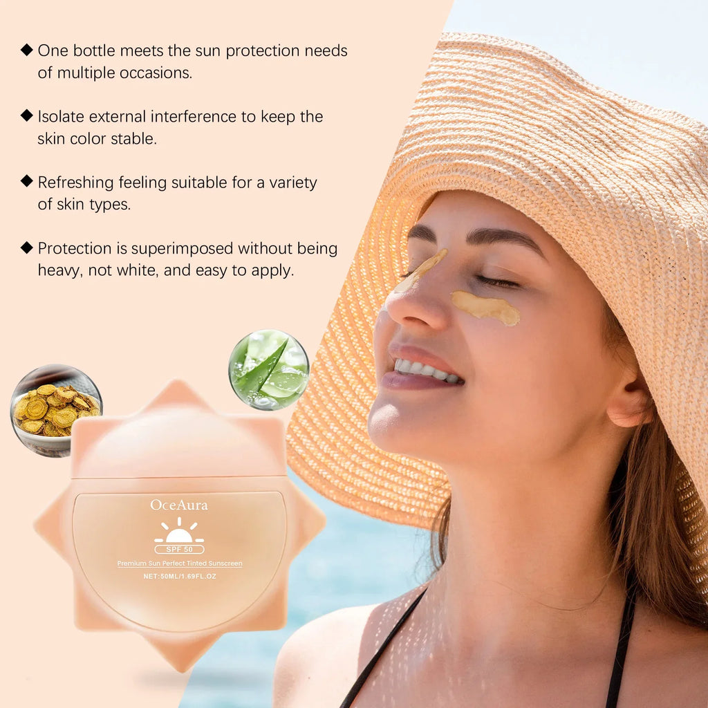 Woman applying sunscreen with text highlighting product features on a beige background