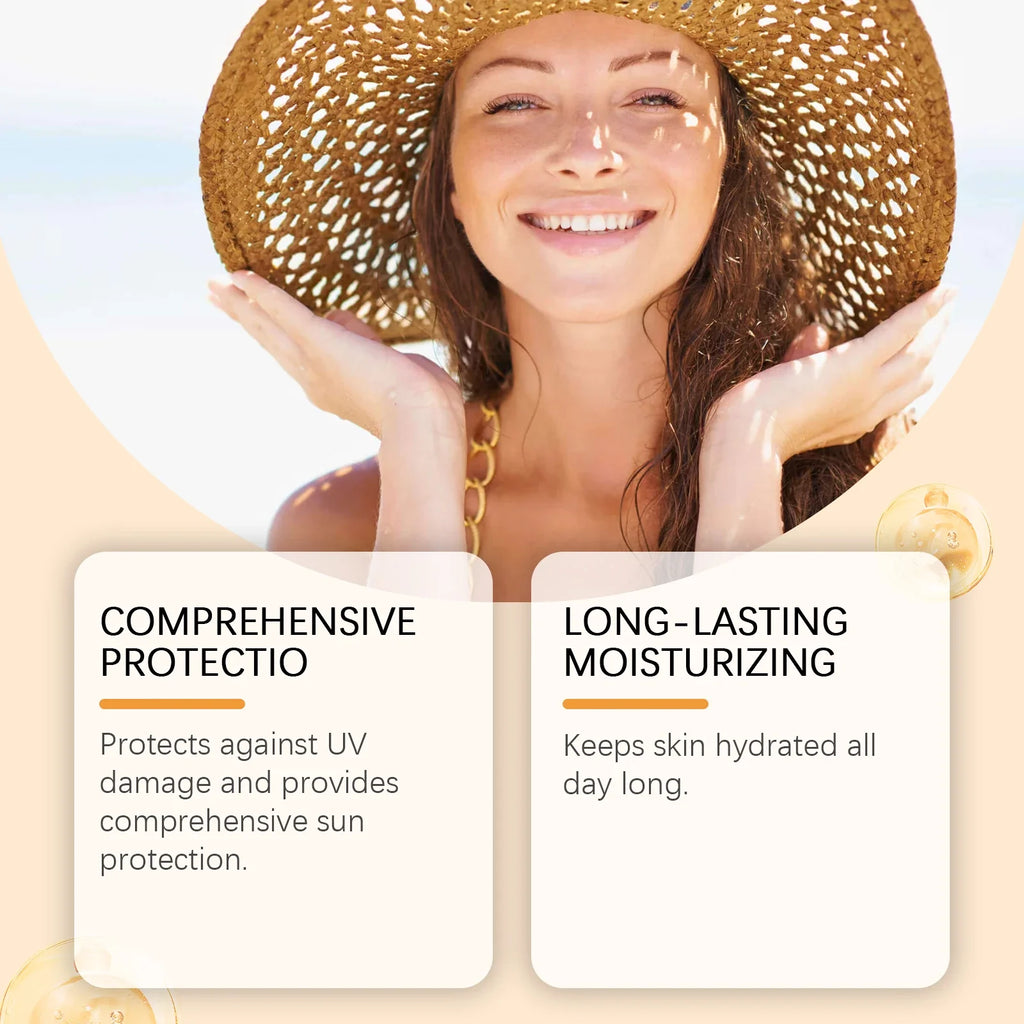 Woman wearing a sun hat with text on sun protection and moisturizing.