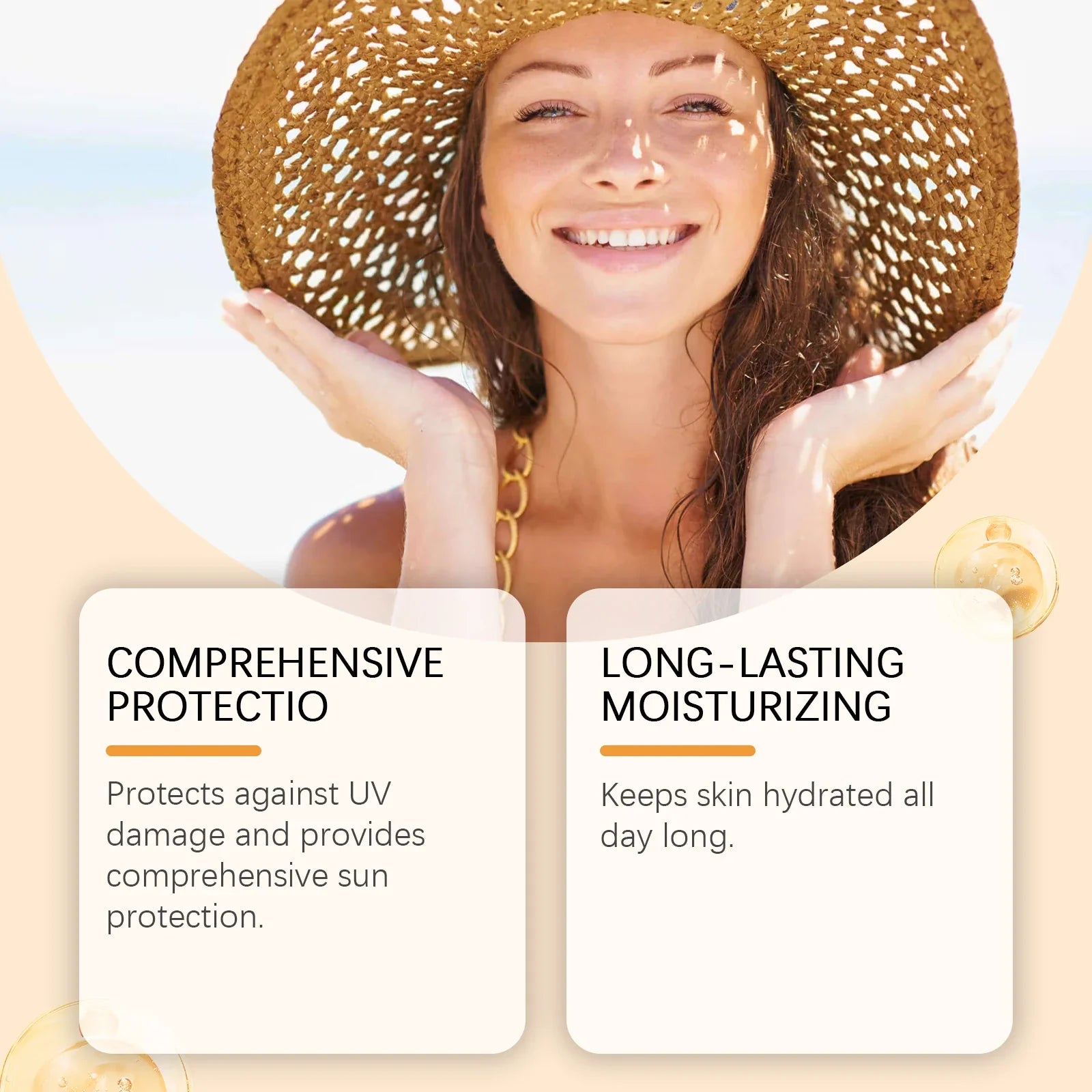 Woman wearing a sun hat with text on sun protection and moisturizing.